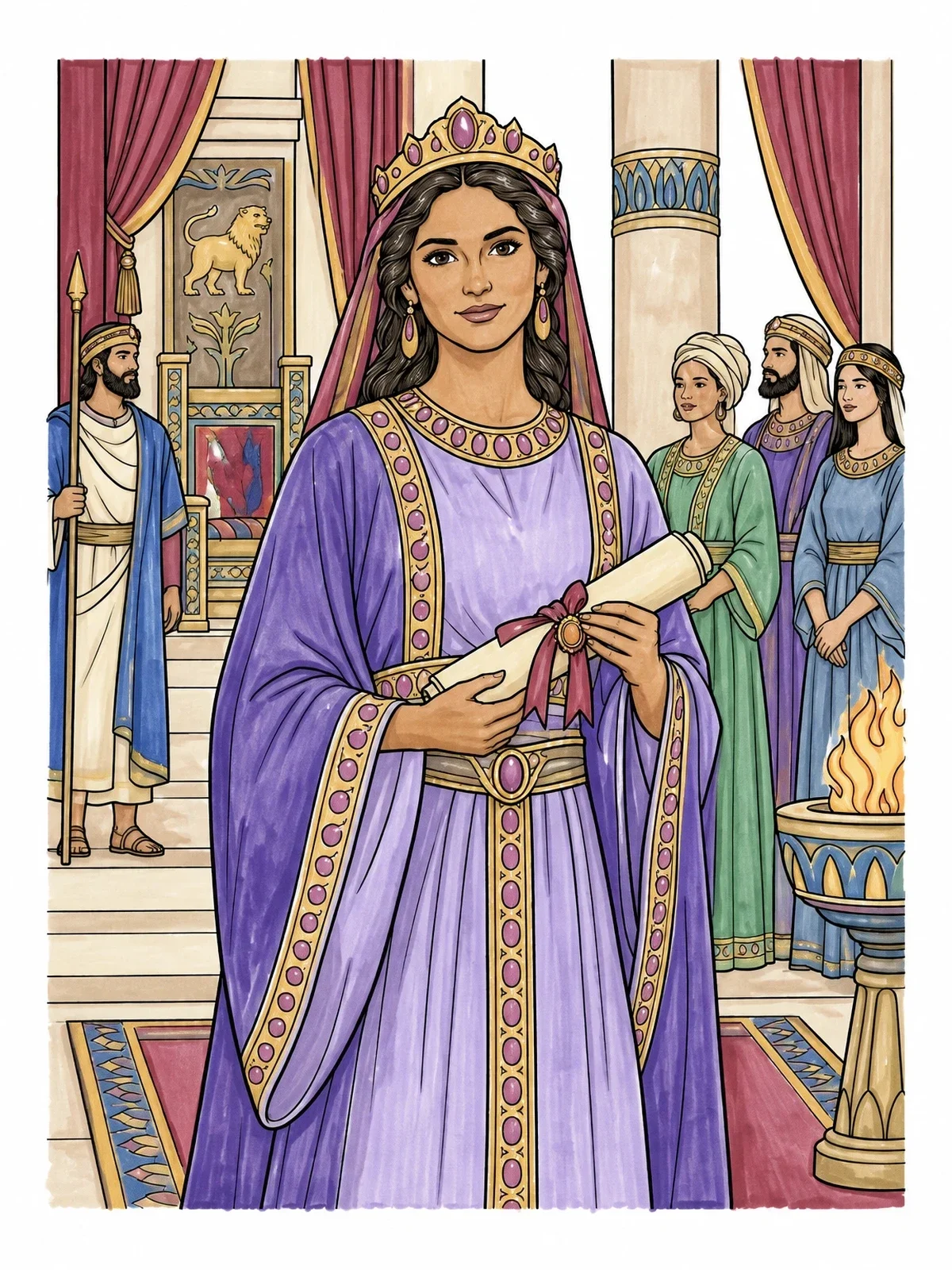 Colored example of the Queen Esther Holding Royal Decree coloring page