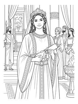 A serene queen coloring page showing Queen Esther holding a tied scroll in her palace chamber.