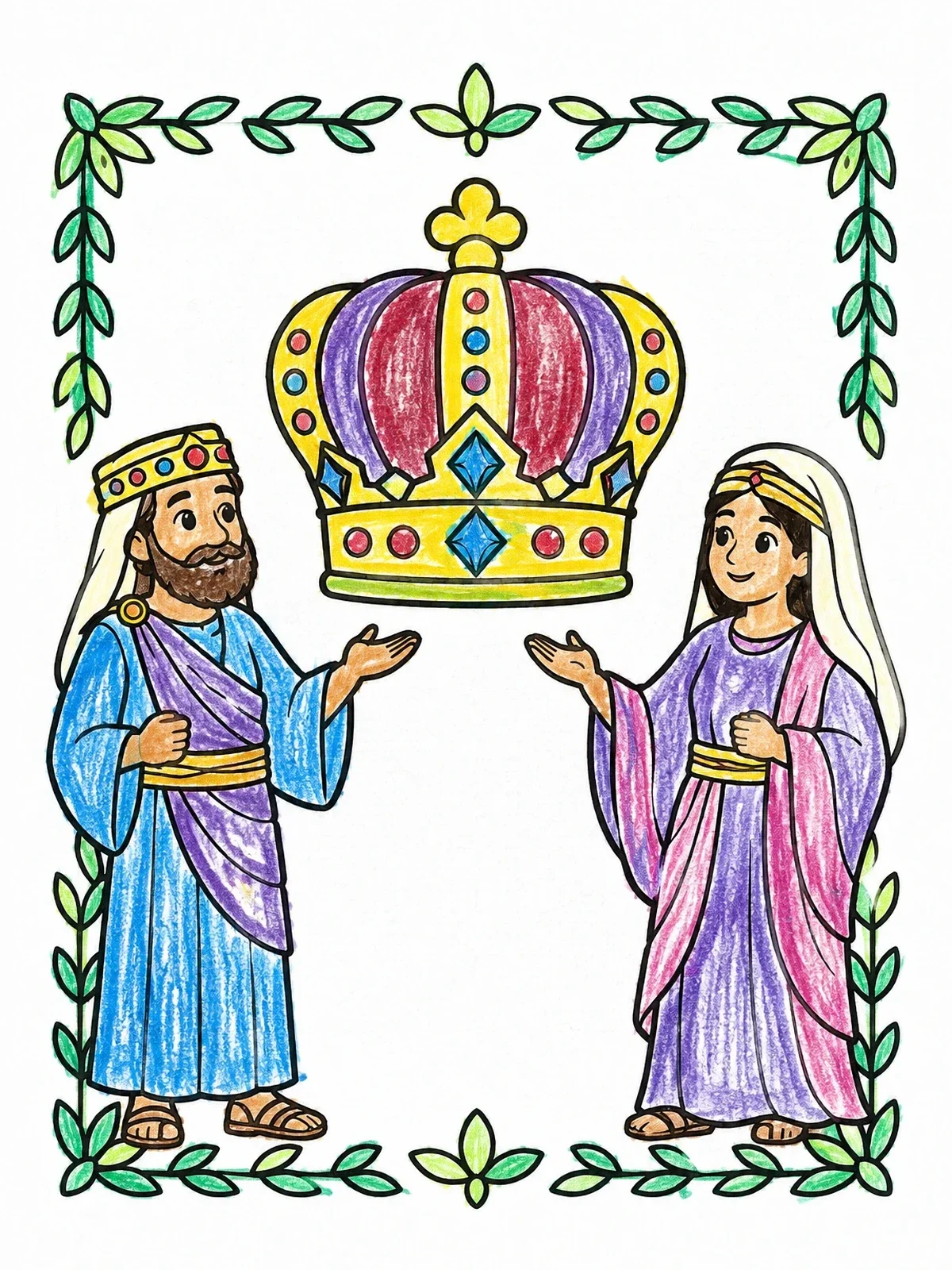 Colored example of the Queen Esther And King With Royal Crown coloring page