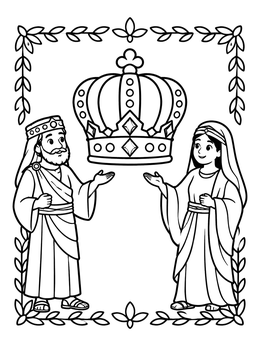 Queen Esther and the king present a large royal crown on this esther coloring page.
