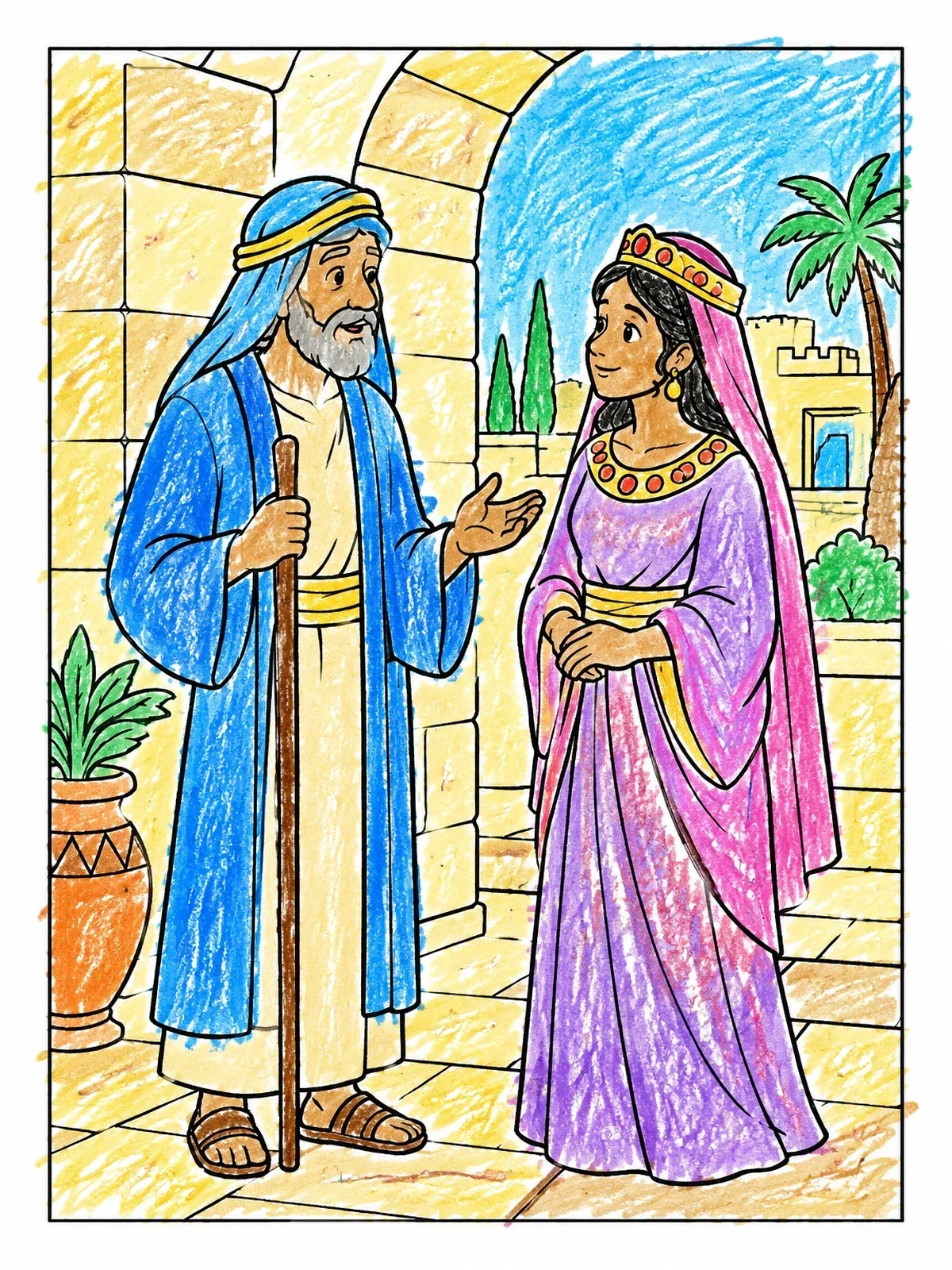 Colored example of the Queen Esther And Mordecai Talking coloring page