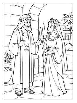 A serene Queen Esther coloring page showing Esther and Mordecai speaking near a stone palace arch.