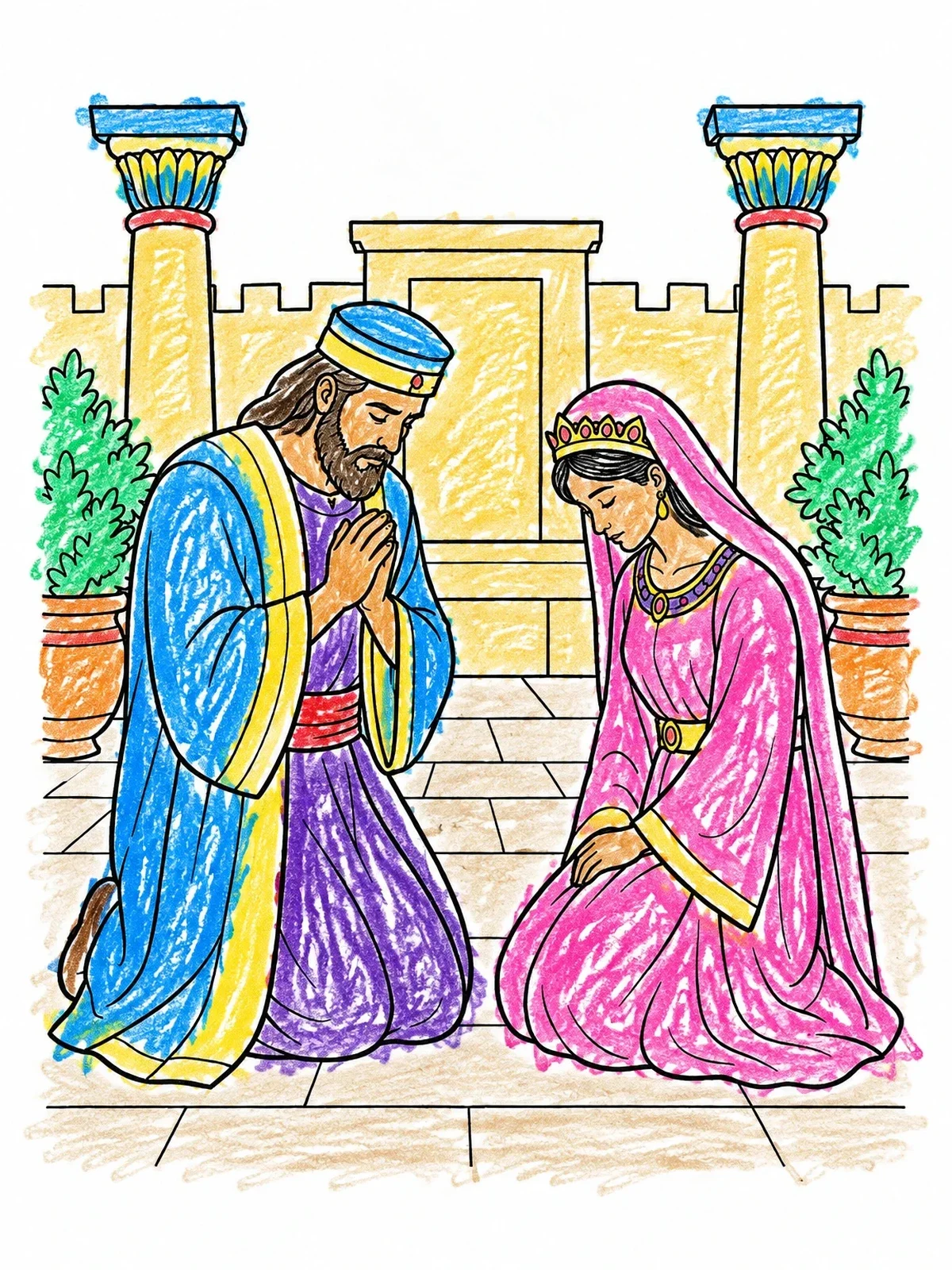 Colored example of the Queen Esther And Mordecai Praying coloring page