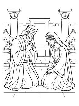 Queen Esther and Mordecai kneeling in prayer in this Esther coloring page courtyard scene.
