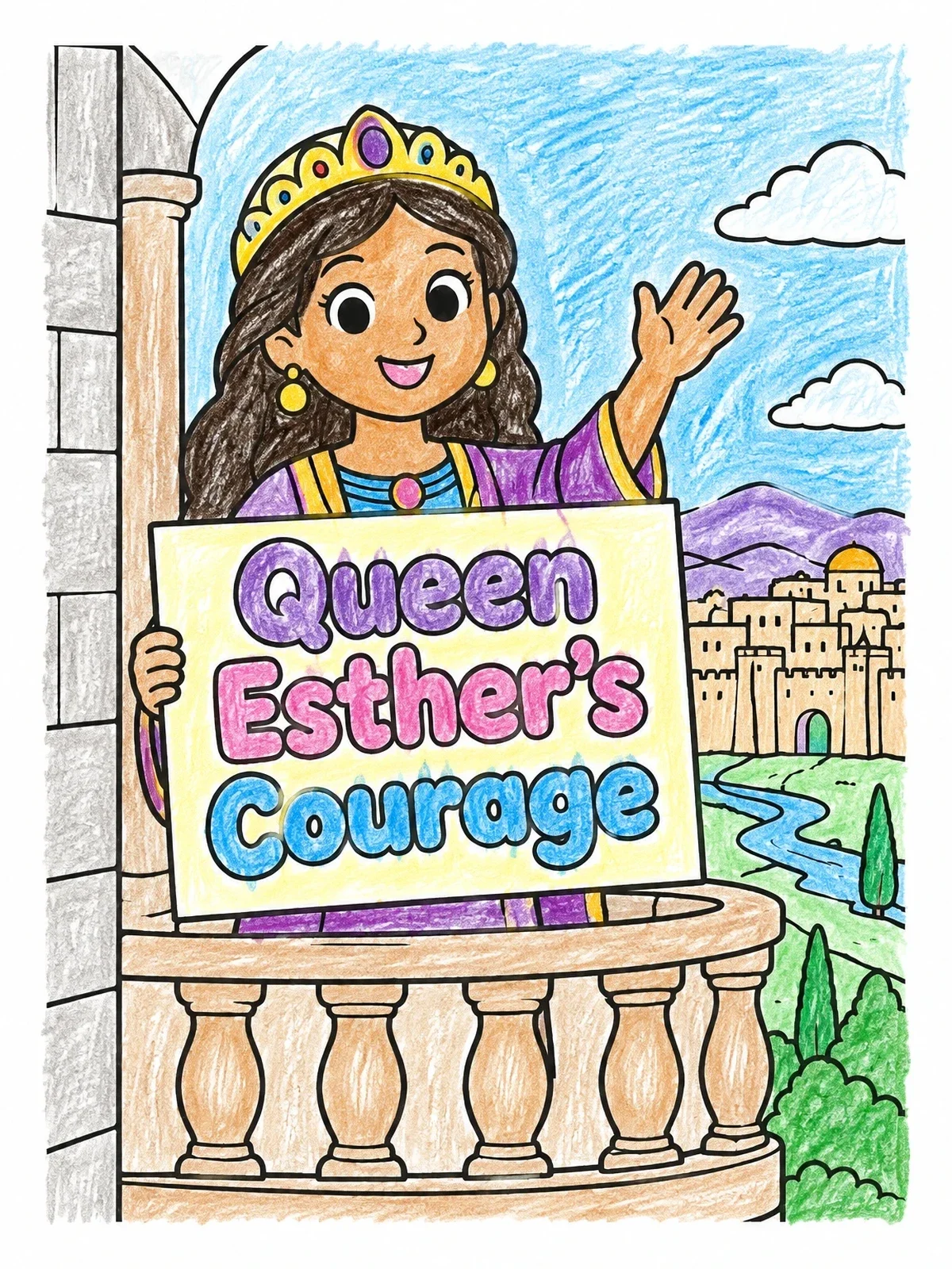Colored example of the Queen Esther On Palace Balcony coloring page