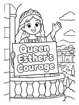 Cheerful Queen Esther coloring page waving from a palace balcony holding a sign.