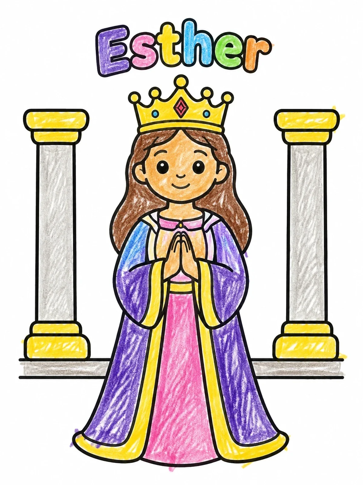 Colored example of the Queen Esther In Prayer coloring page