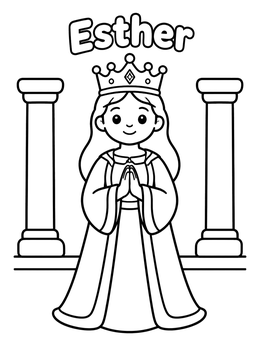 A simple Esther coloring page featuring the young queen wearing a crown between two palace pillars.