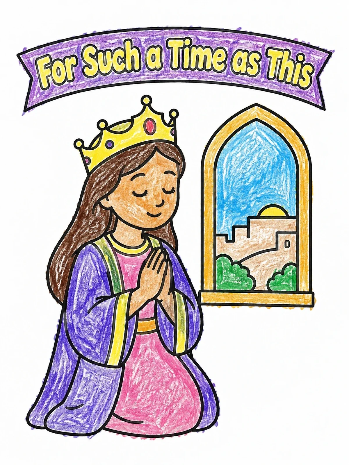 Colored example of the Queen Esther Praying By Window coloring page