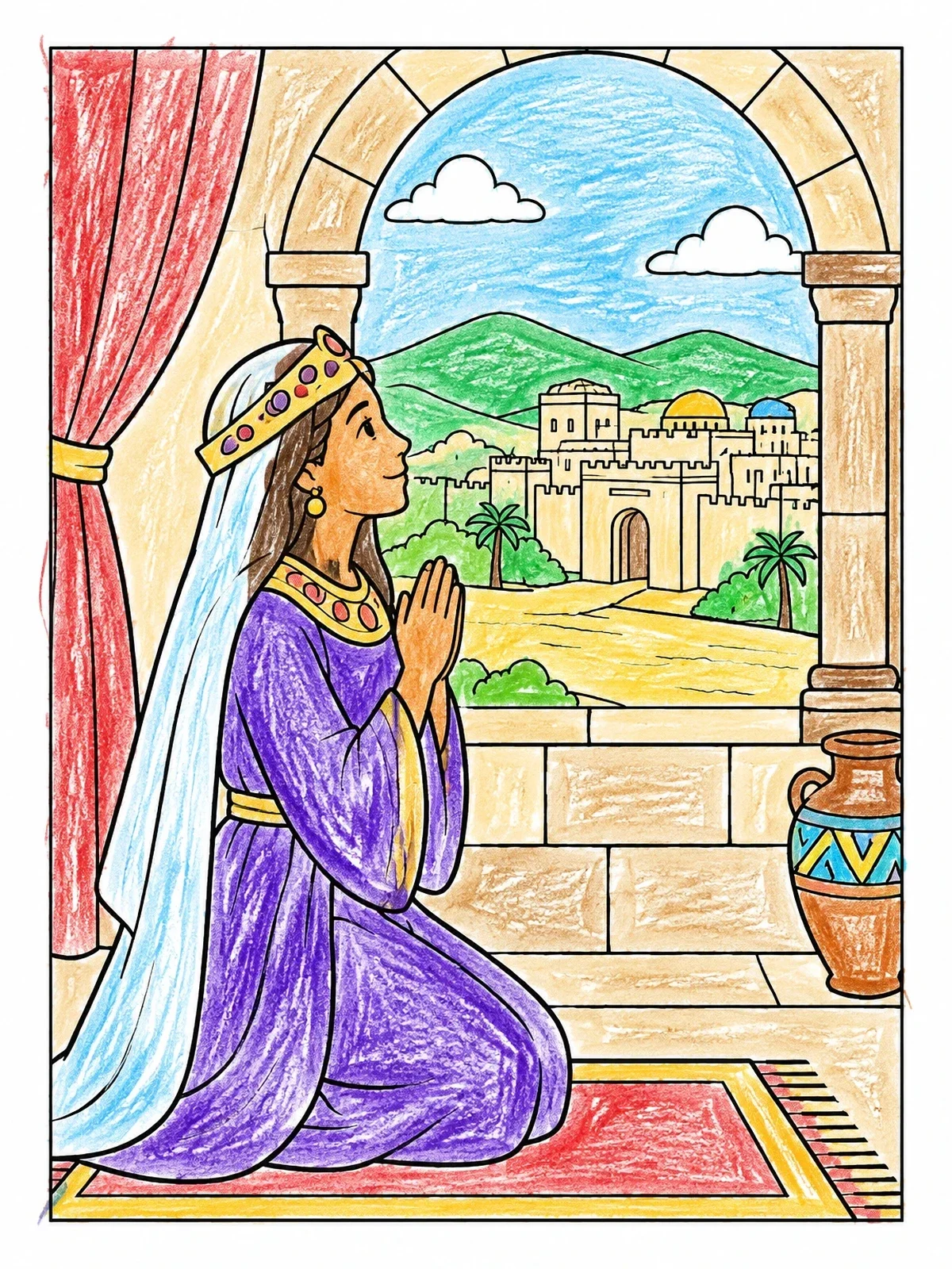 Colored example of the Queen Esther Praying By Window coloring page