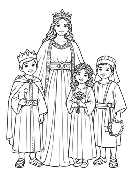 Queen Esther stands with costumed children in this purim coloring page.