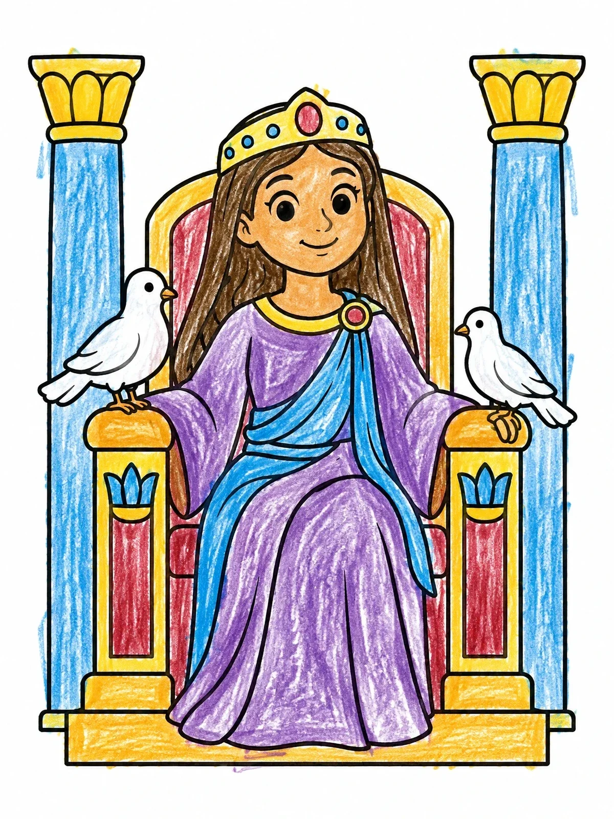 Colored example of the Queen Esther On Her Throne With Doves coloring page