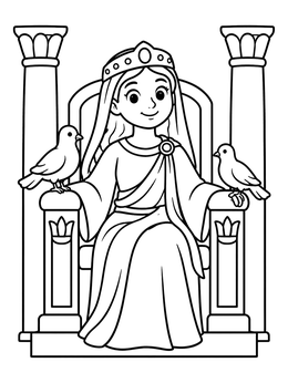 Queen Esther sitting on a throne with birds in an esther coloring page.