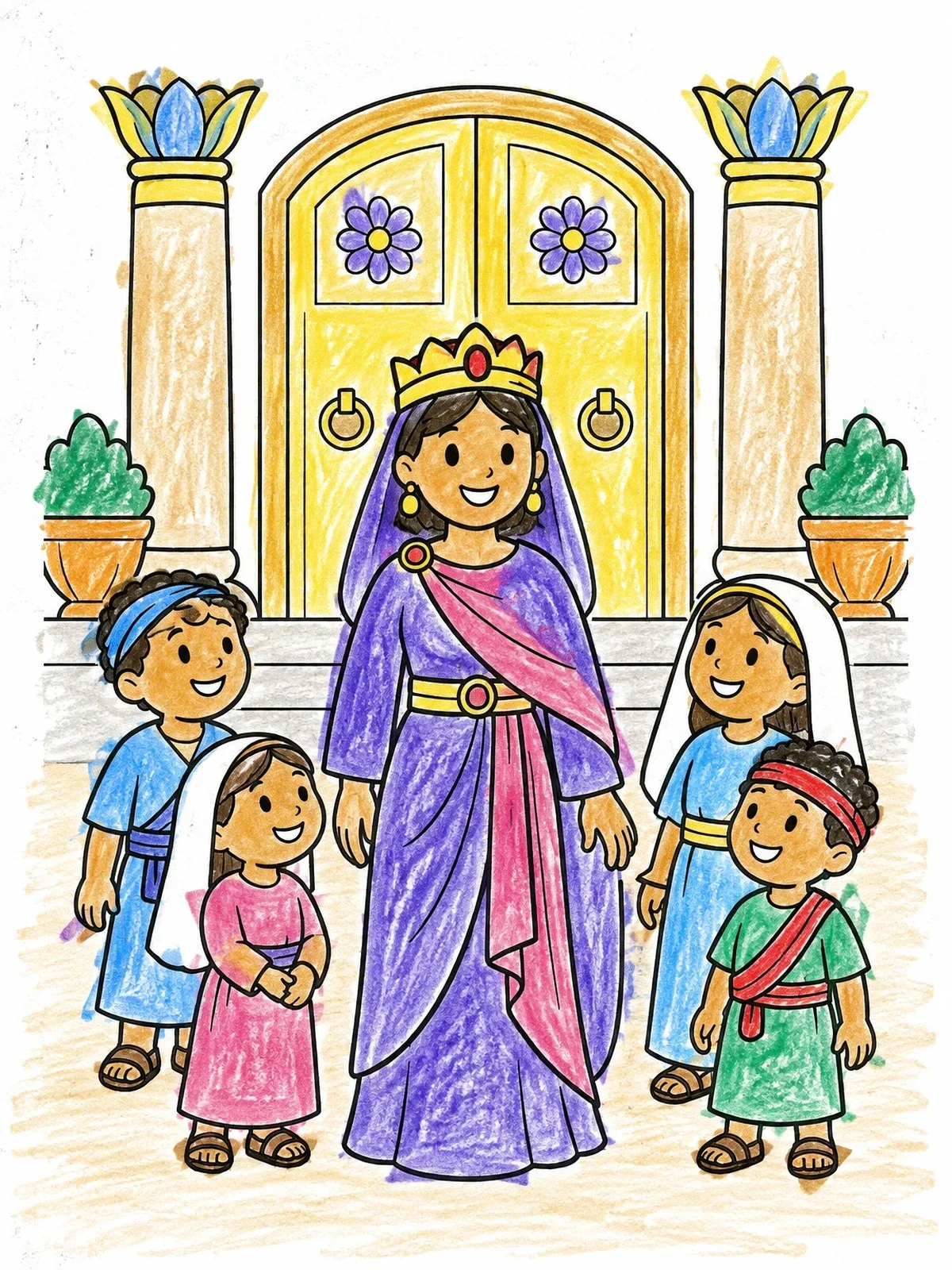 Colored example of the Queen Esther And The Children coloring page