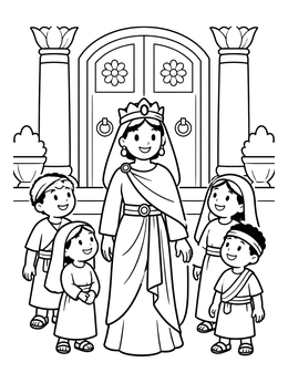 Queen Esther standing outside palace gates with children on this esther coloring page.