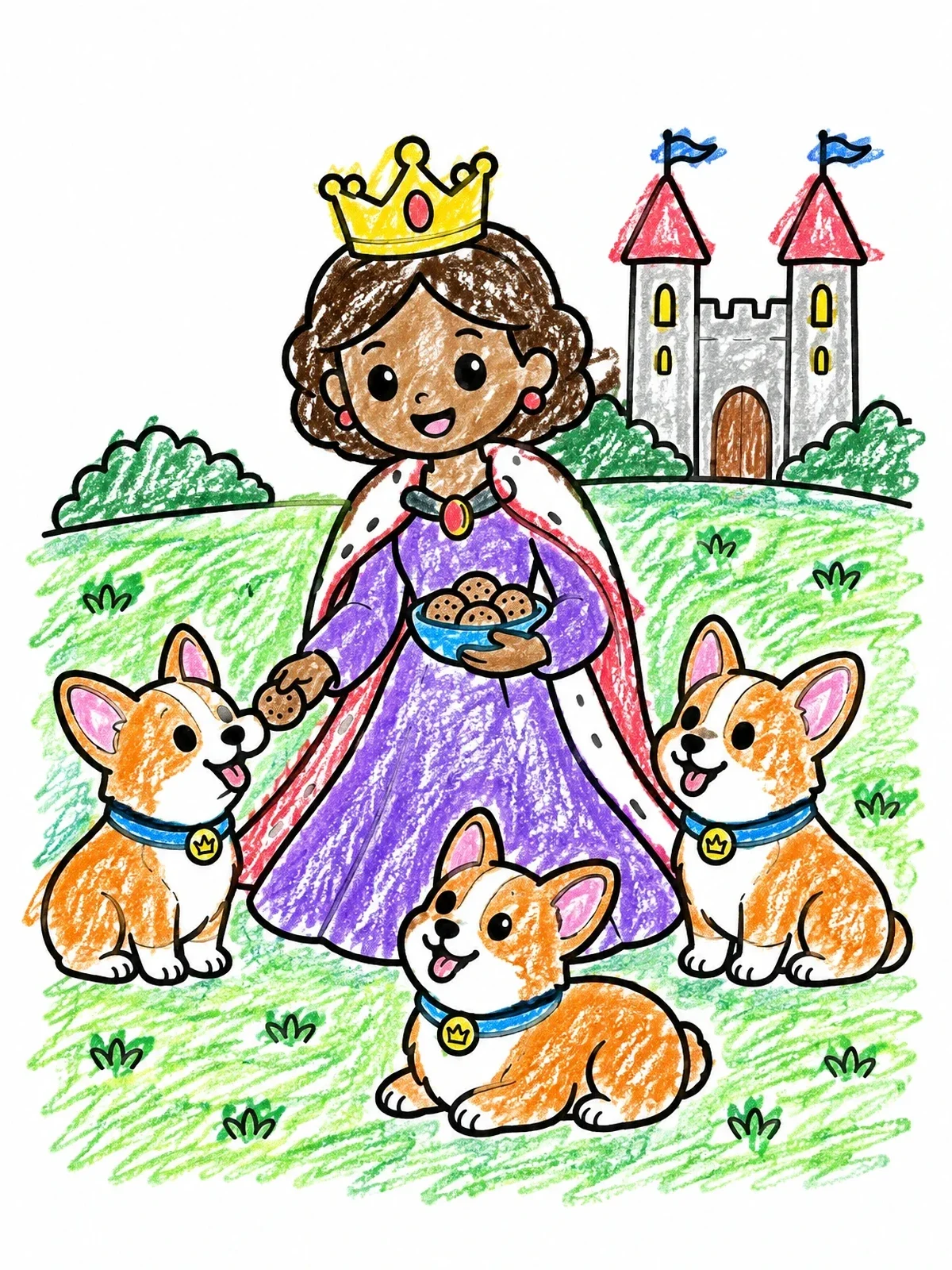Colored example of the Queen Feeding Treats To Corgis coloring page