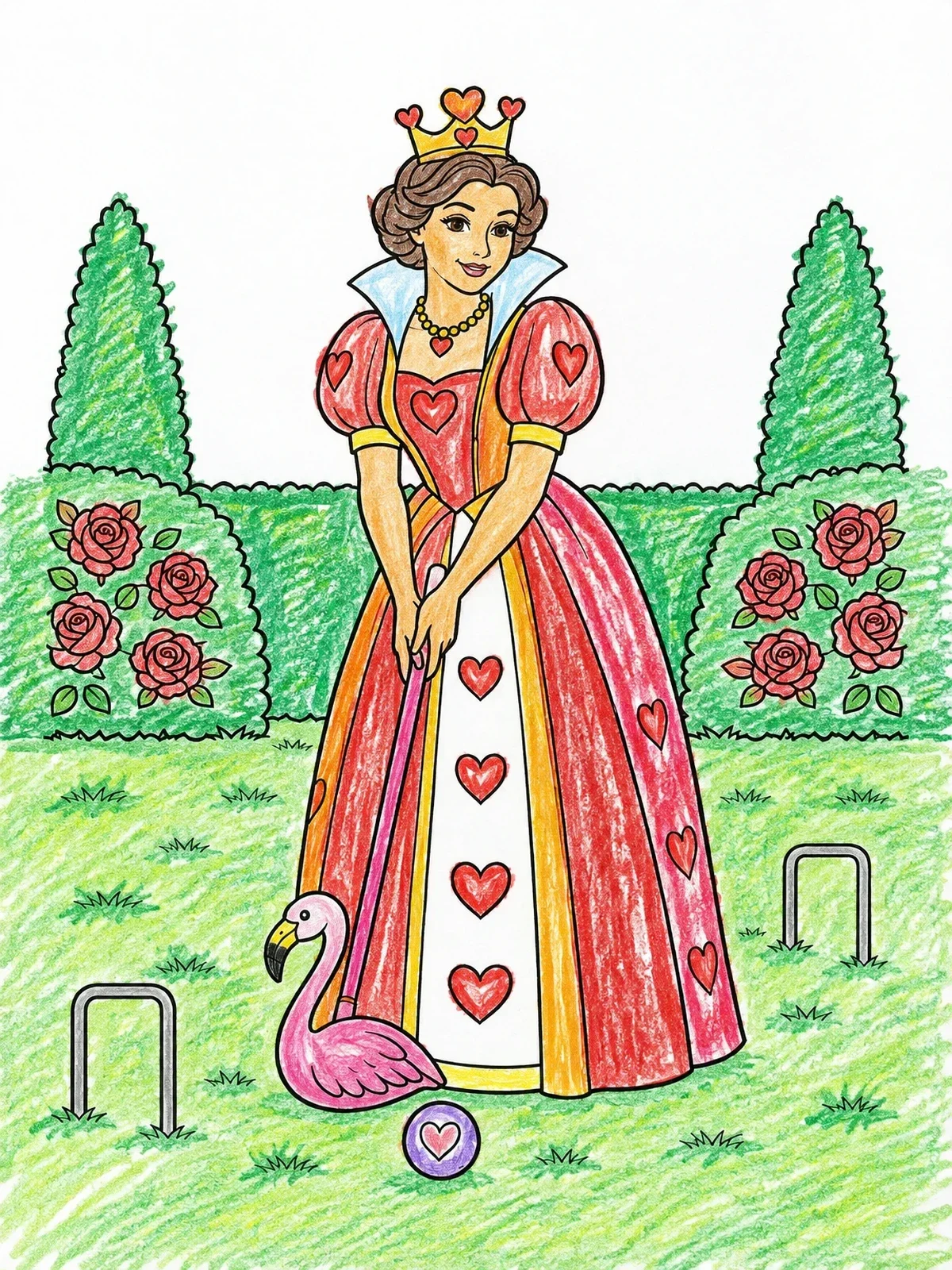 Colored example of the Queen Of Hearts Croquet Garden coloring page