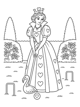 A queen coloring page showing the Queen of Hearts playing croquet with a flamingo mallet in a garden.
