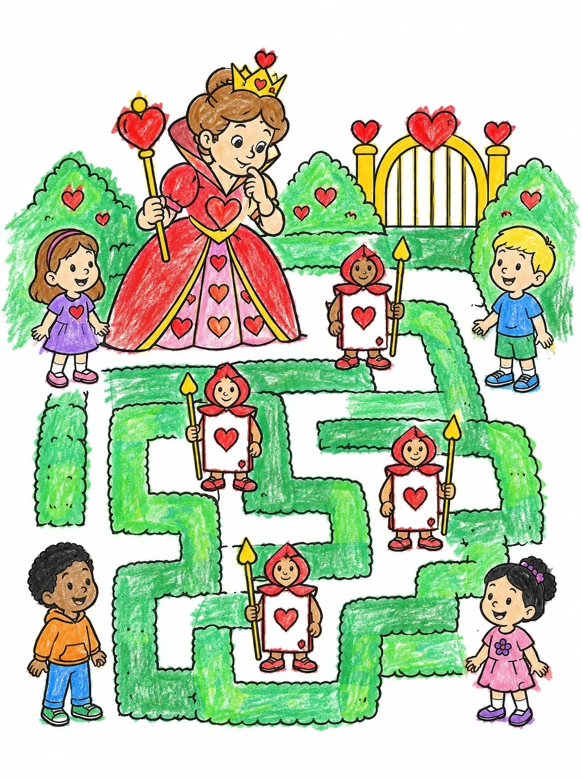 Colored example of the Queen Of Hearts Garden Maze coloring page