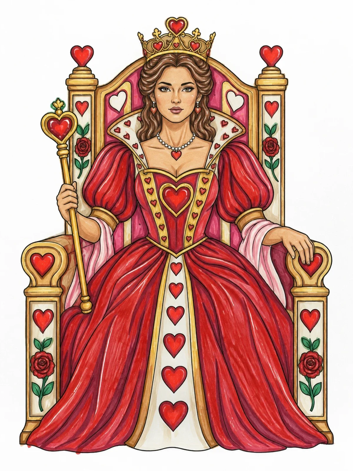 Colored example of the Queen Of Hearts On Throne coloring page