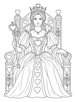 Regal Queen of Hearts seated on a throne in this queen coloring page.