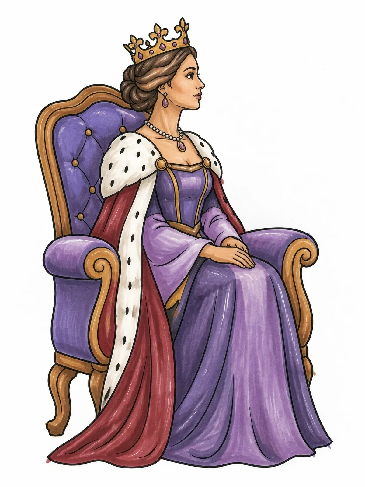 Colored example of the Elegant Queen Seated On Throne coloring page