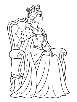 An elegant queen coloring page featuring royalty seated gracefully on an ornate throne chair.
