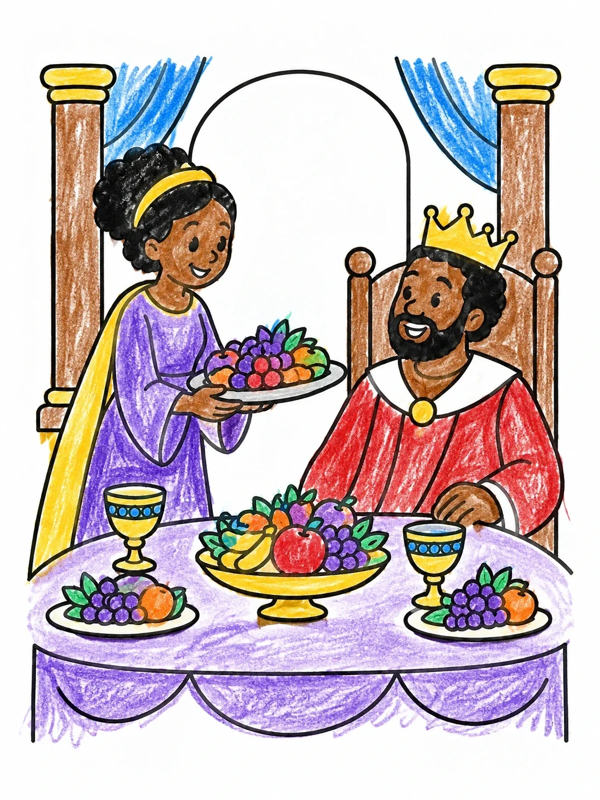 Colored example of the Queen Serving Fruit Feast To King coloring page
