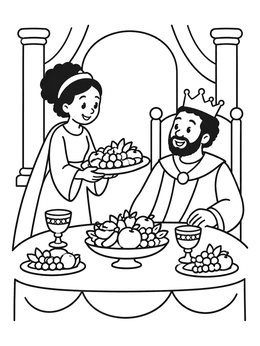 Free printable Queen Serving Fruit Feast To King coloring page