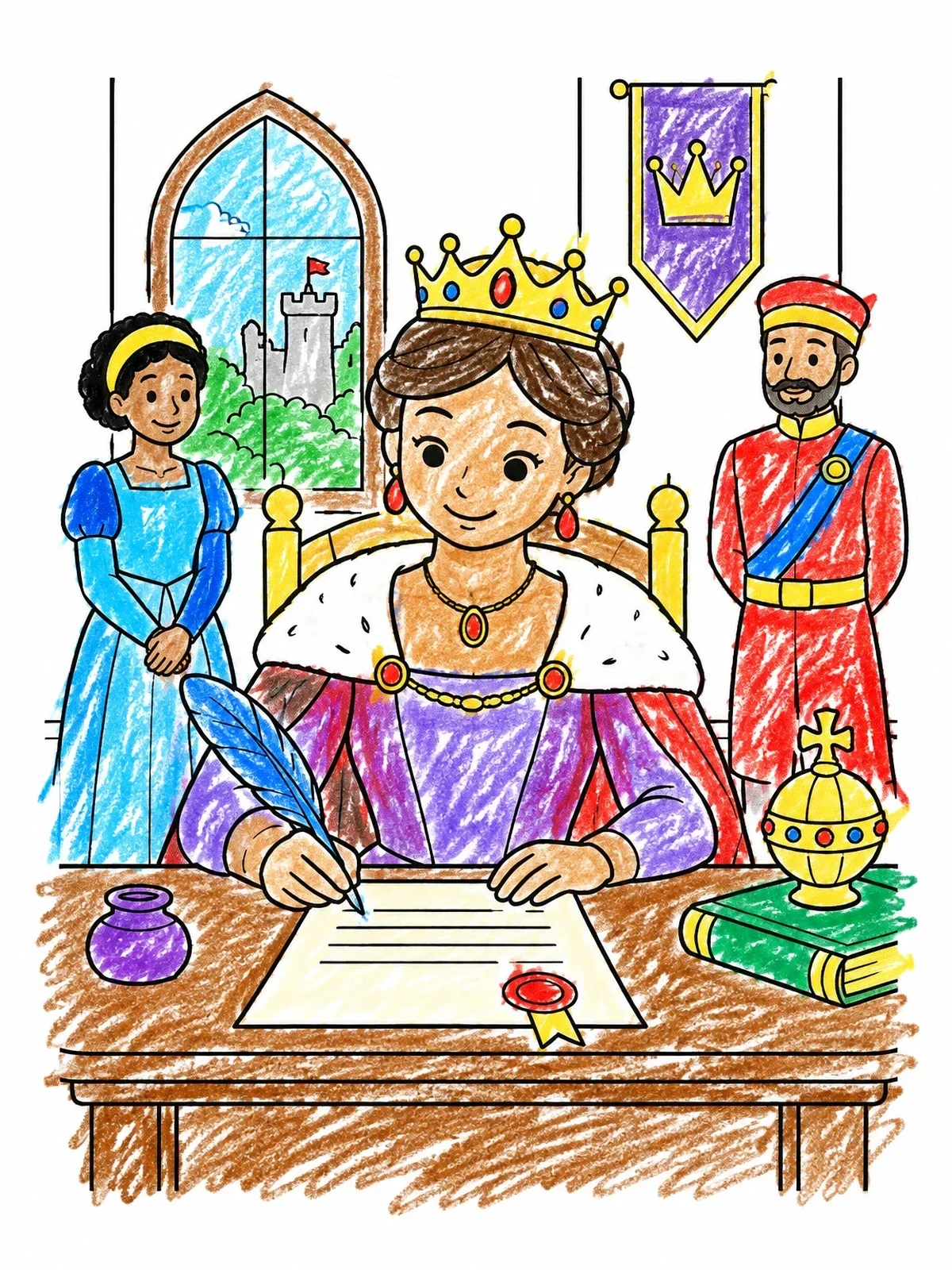 Colored example of the Queen Signing A Royal Decree coloring page