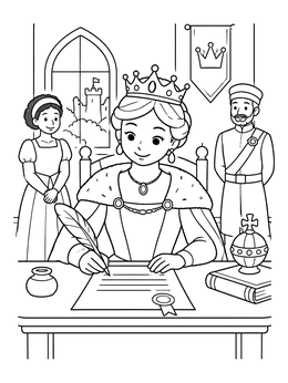 Free printable Queen Signing A Royal Decree coloring page