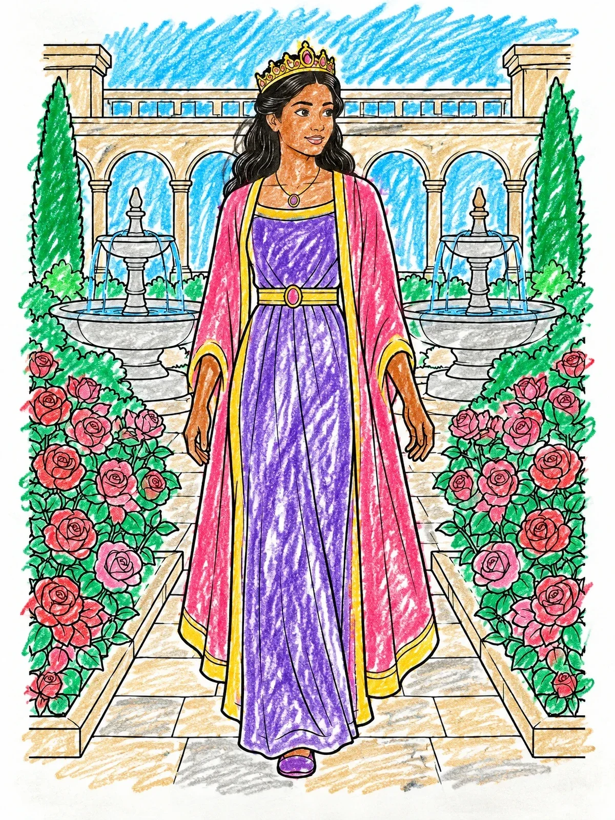 Colored example of the Queen Strolling In Palace Gardens coloring page