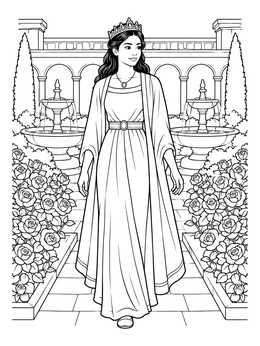 A queen coloring page depicting a crowned woman walking past blooming rose bushes and fountains.