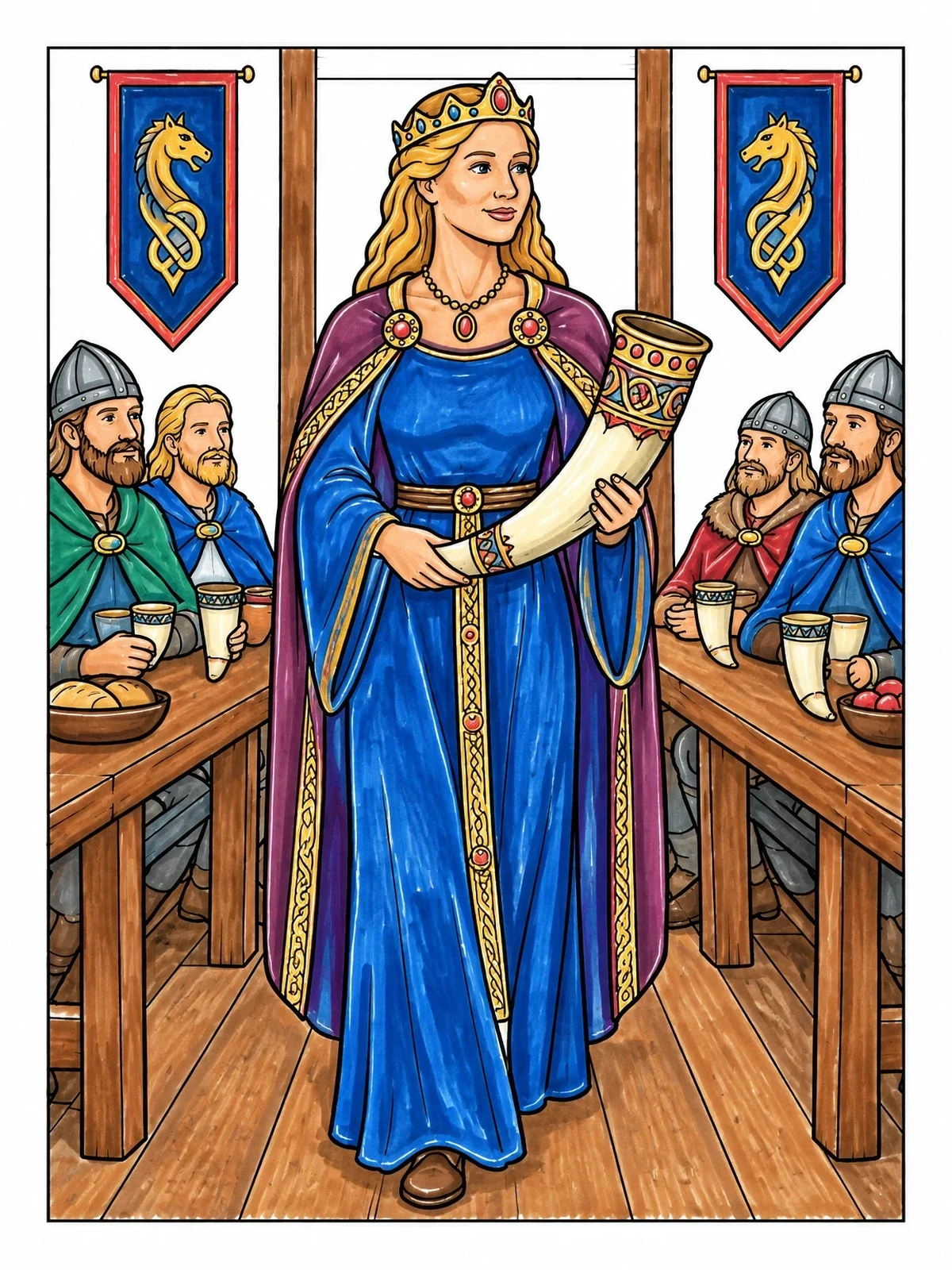 Colored example of the Queen Wealhtheow In The Mead Hall coloring page