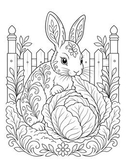A patterned bunny nibbles a leaf in this cabbage coloring page with a garden fence.