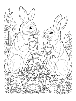 Two rabbits exchange heart cards on this sweet love bug coloring page beside a woven basket filled with clover.