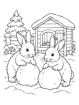Two cute bunnies roll round snowballs in this charming snowball coloring page outside their wooden hutch.