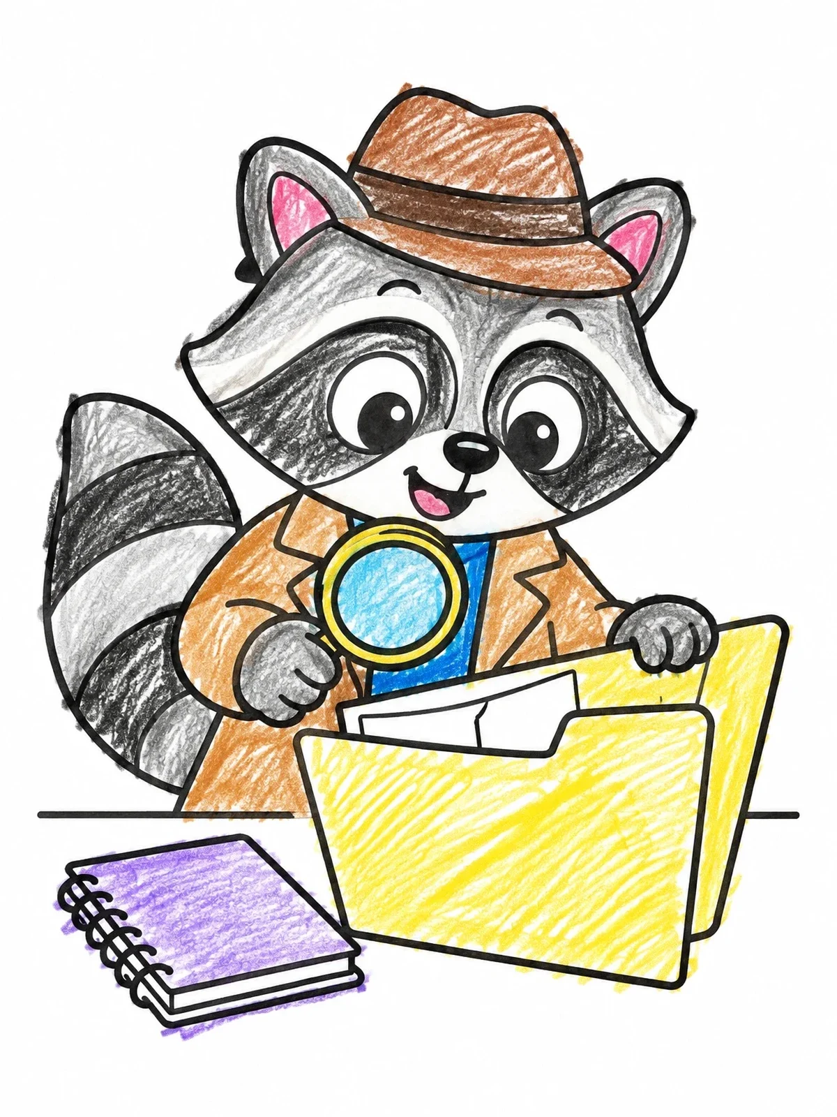Colored example of the Raccoon Detective With File Folder coloring page