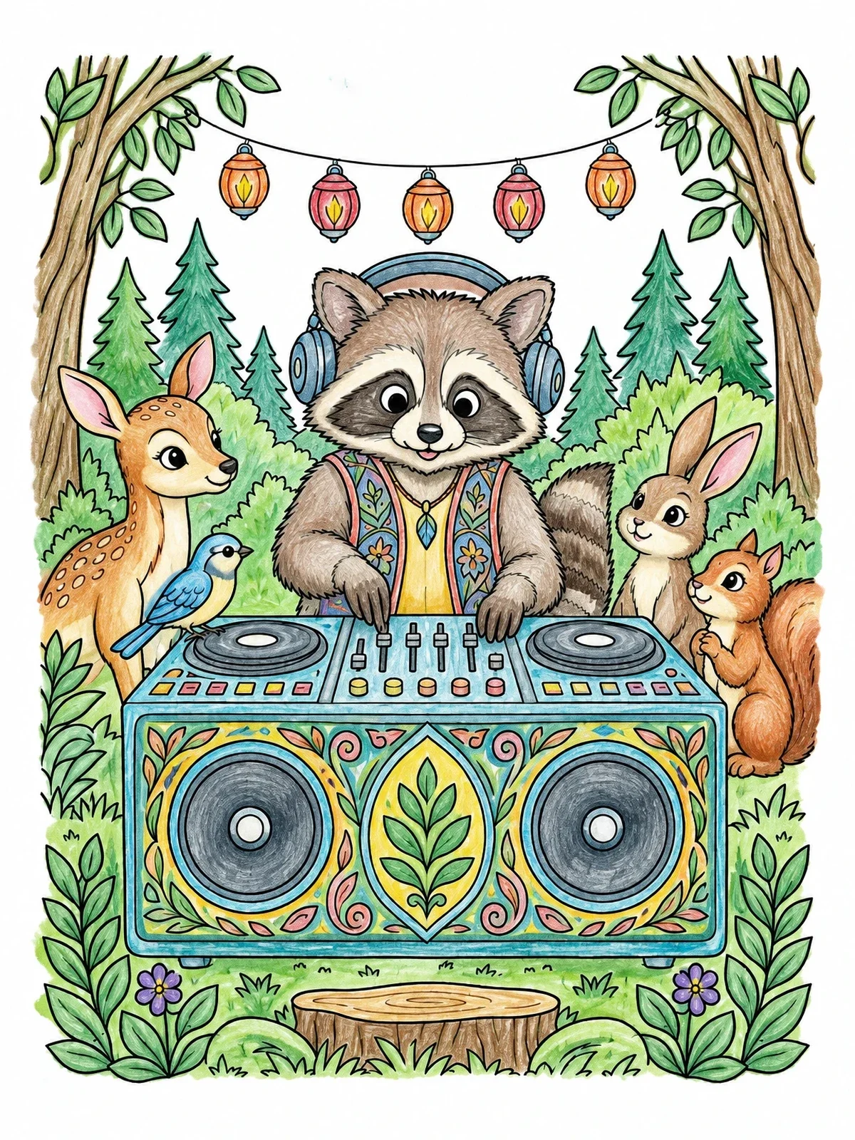 Colored example of the Raccoon Dj In The Forest coloring page