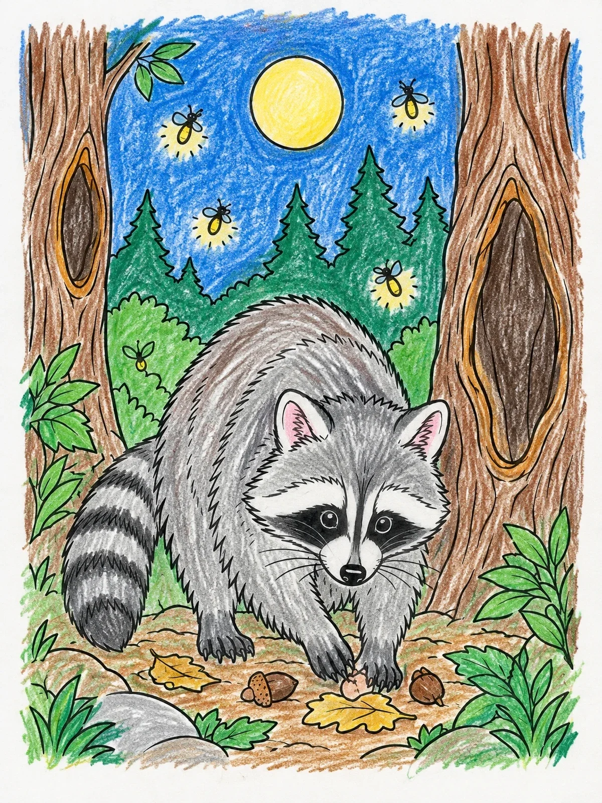Colored example of the Raccoon Foraging Under The Moon coloring page
