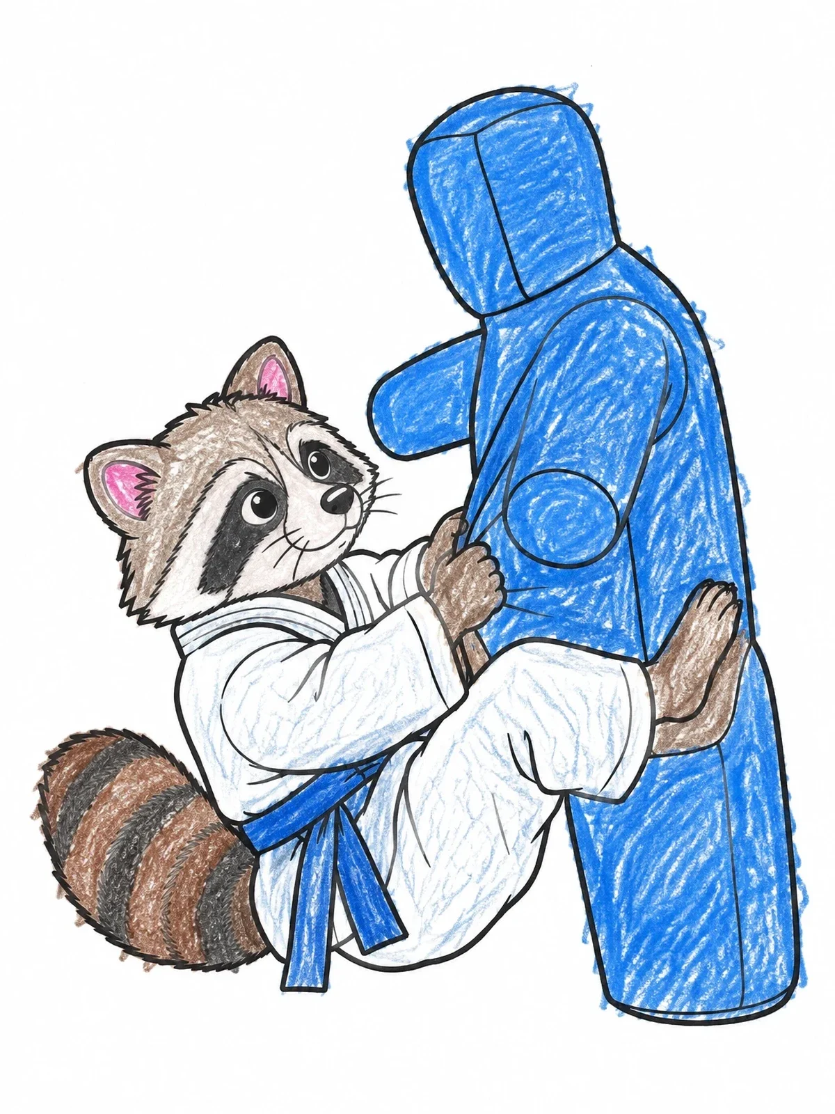 Colored example of the Raccoon Practicing Jiu Jitsu With Dummy coloring page