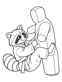 Free printable Raccoon Practicing Jiu Jitsu With Dummy coloring page