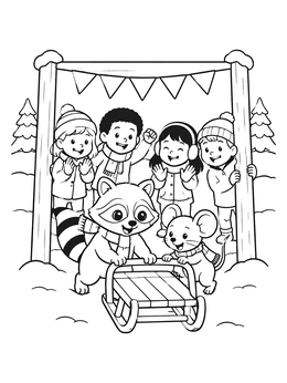 Free printable Raccoon And Mouse Sled Race coloring page