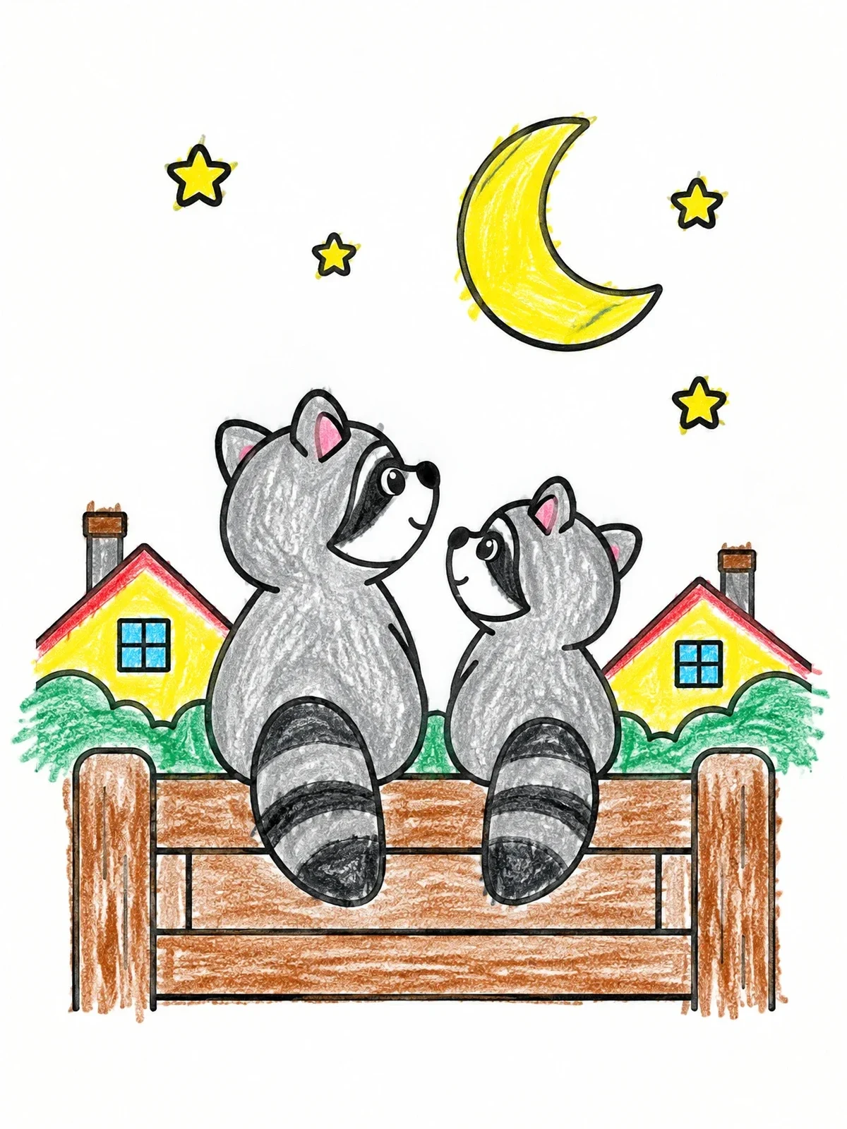 Colored example of the Raccoons Under The Crescent Moon coloring page