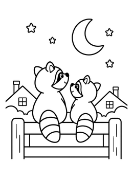 Free printable Raccoons Under The Crescent Moon coloring page