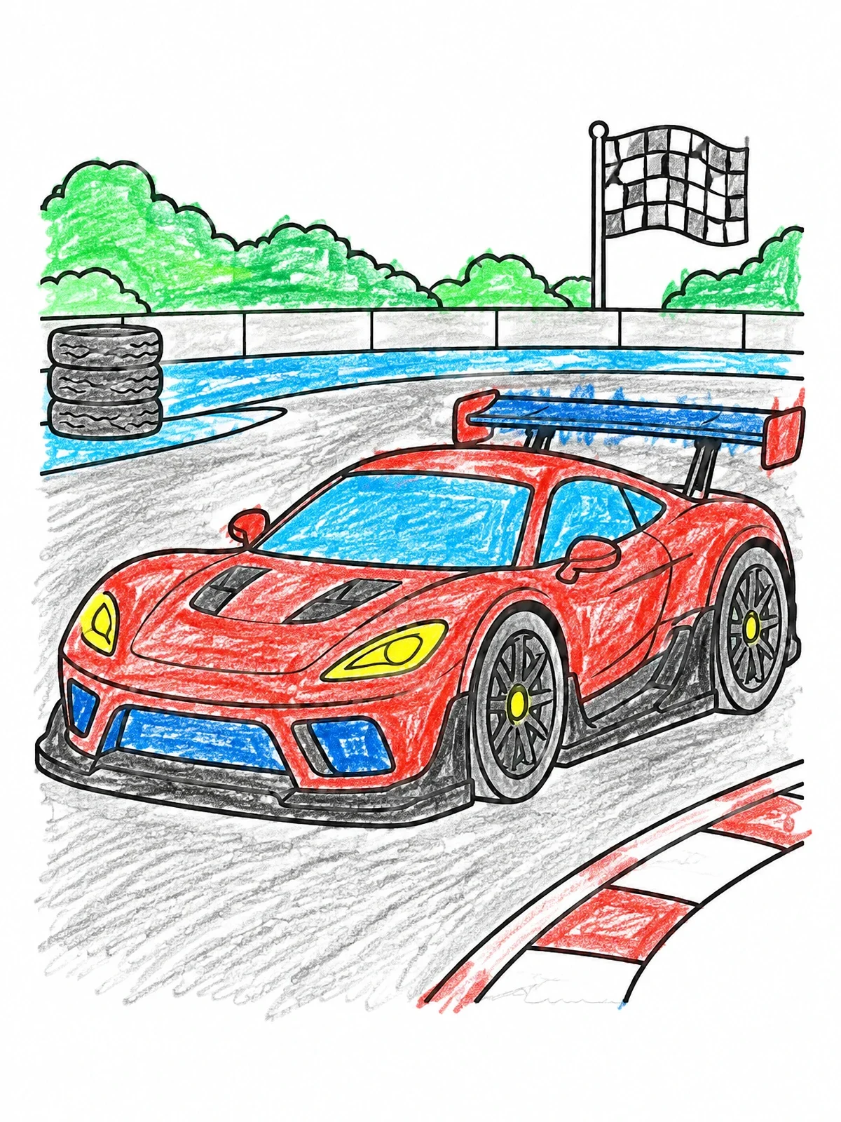 Colored example of the Sports Car On The Racetrack coloring page