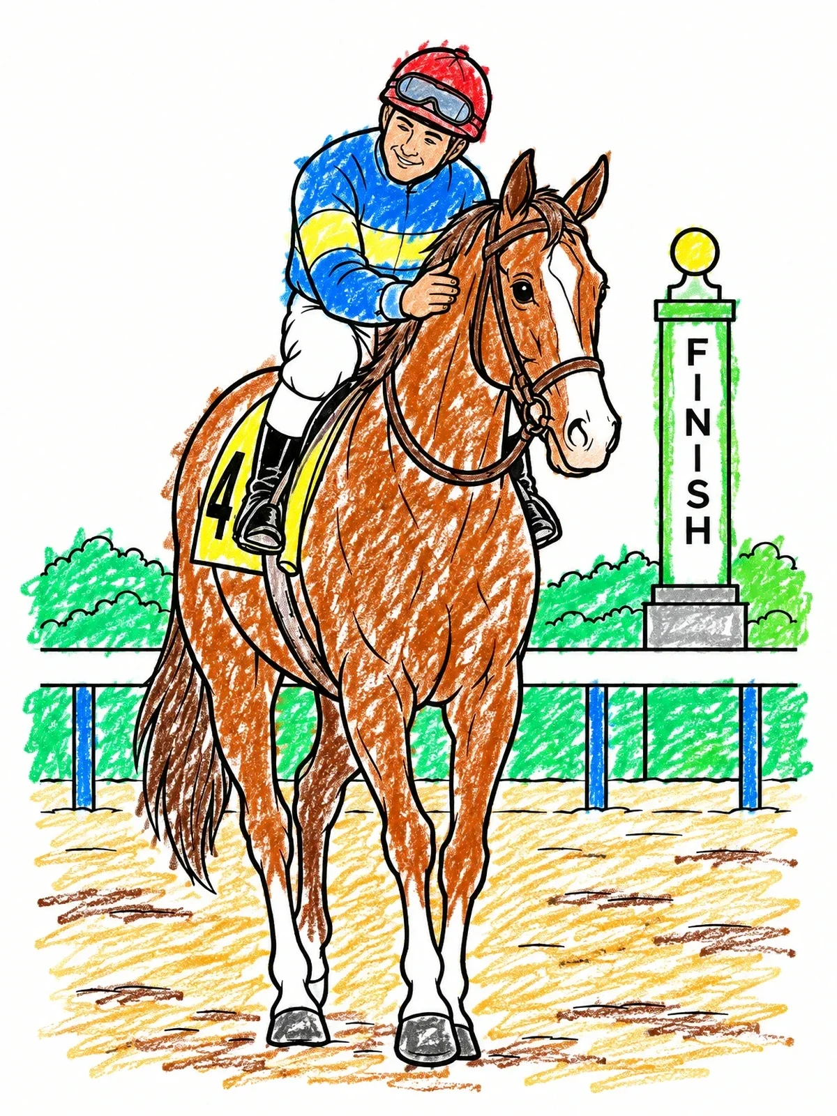 Colored example of the Racehorse And Jockey At The Finish Line coloring page