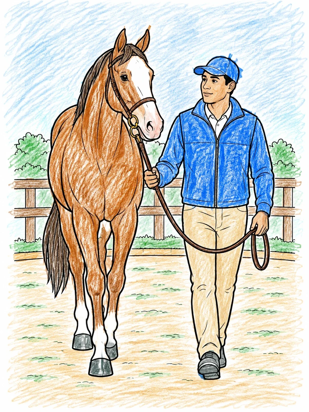 Colored example of the Racehorse Led By Groom In Paddock coloring page