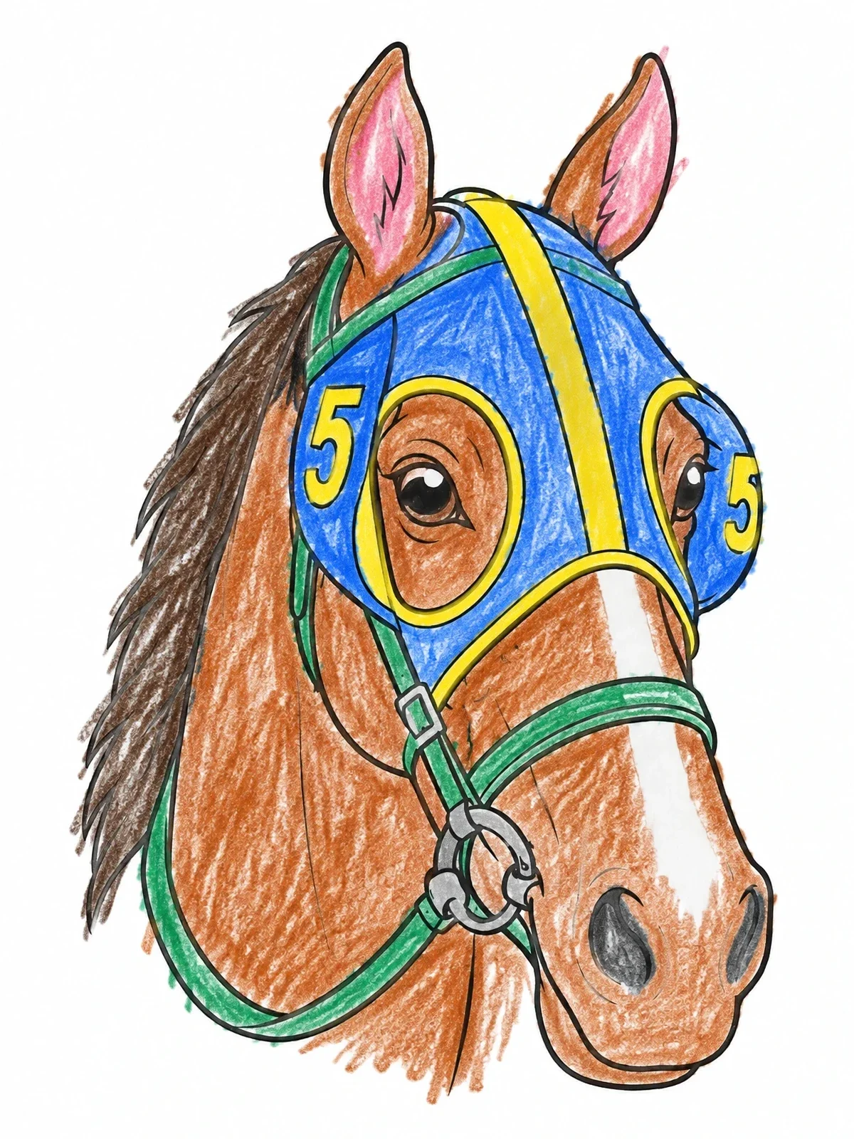 Colored example of the Racehorse Portrait With Numbered Blinkers coloring page