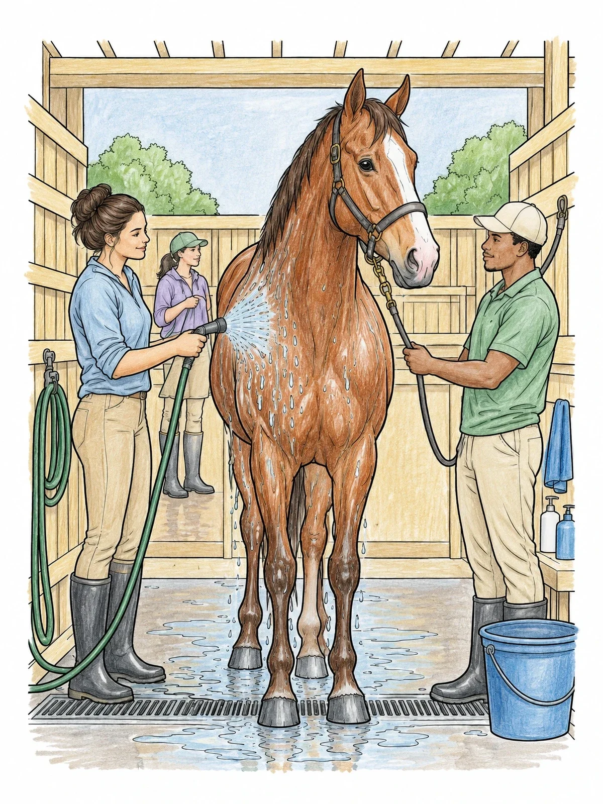 Colored example of the Racehorse Bath In The Wash Stall coloring page